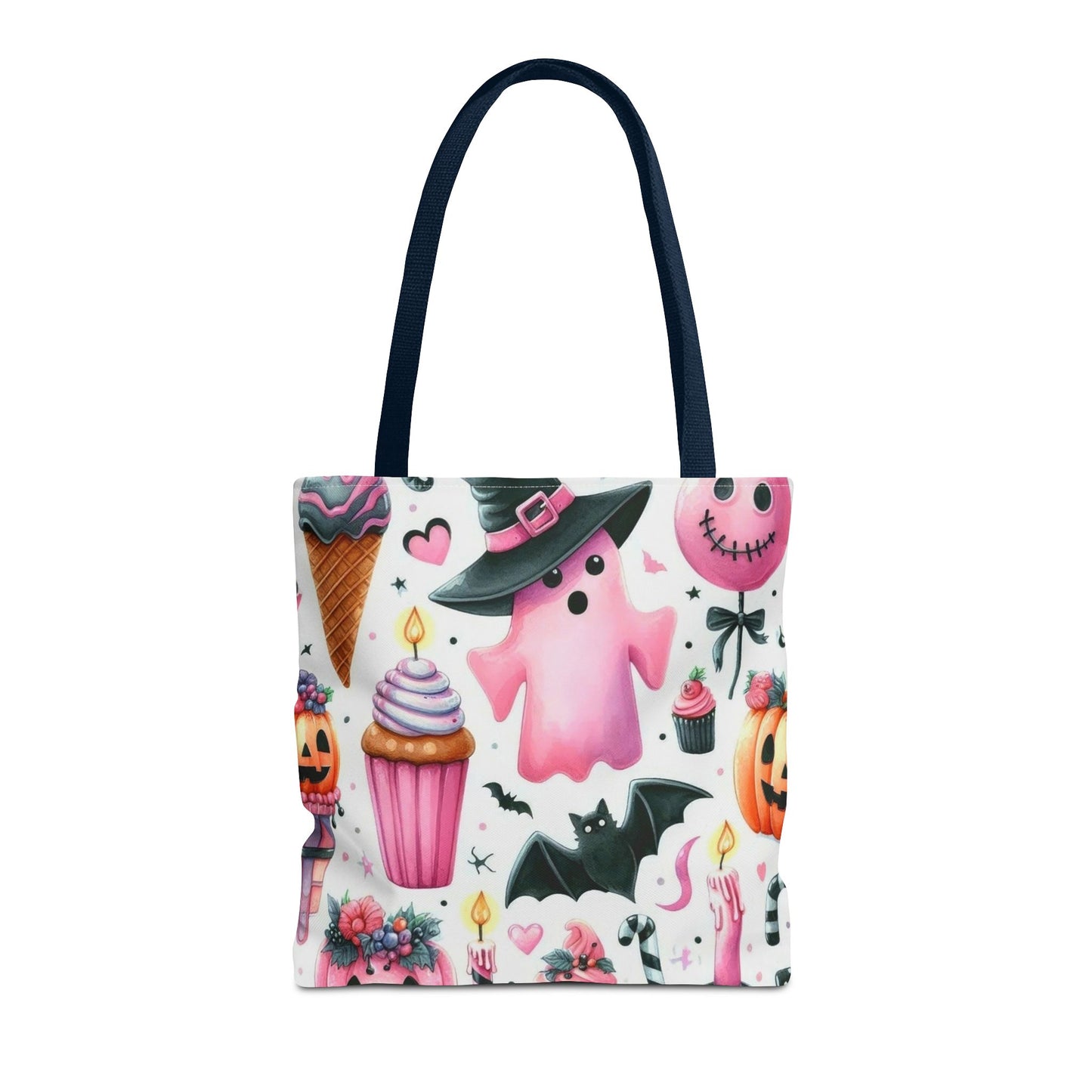 "Cute Halloween Tote Bag - Pink Ghost & Spooky Treats Design" Print Tote Bag Printify