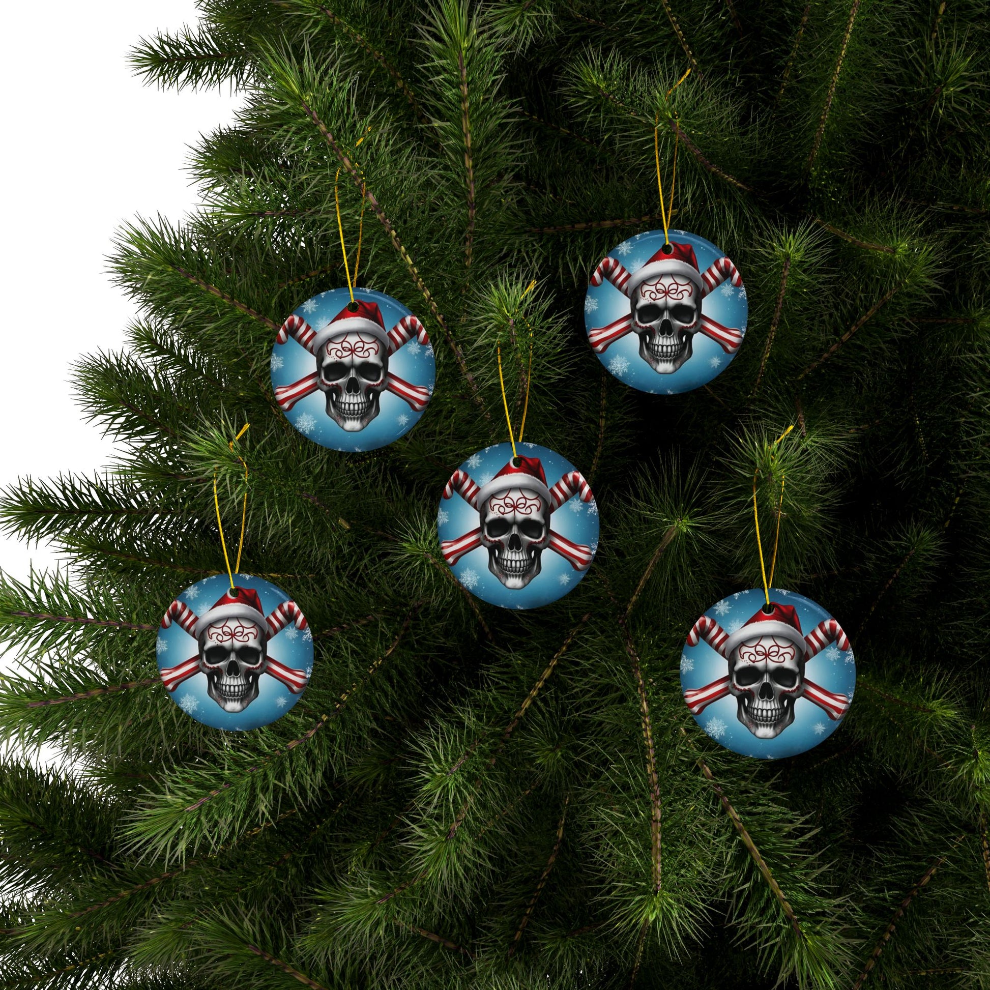 SKULL SANTA HAT - CANDY CANE CROSSBONES -Ceramic Ornaments, 2-Side Print, (1pc, 3pcs, 5pcs, 10pcs) - Rock n Royalty Designs