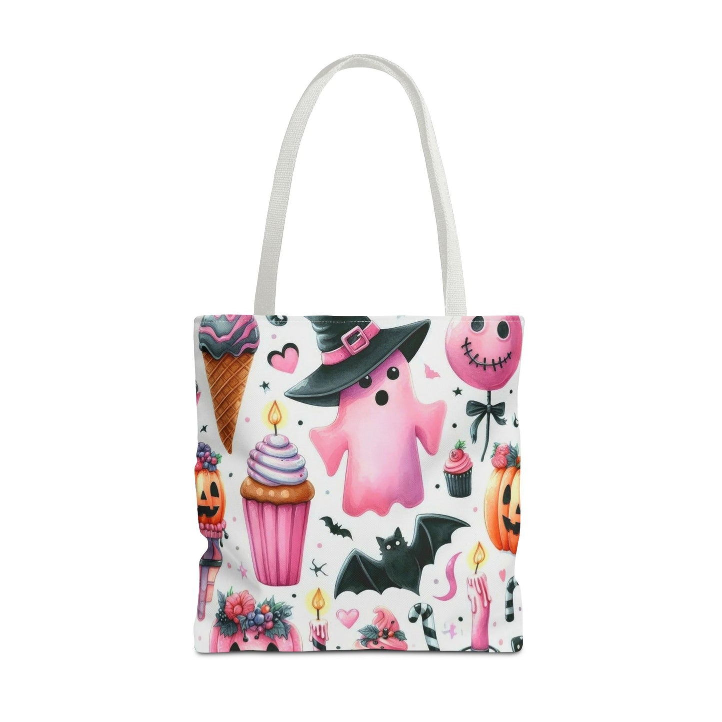 "Cute Halloween Tote Bag - Pink Ghost & Spooky Treats Design" Print Tote Bag Printify