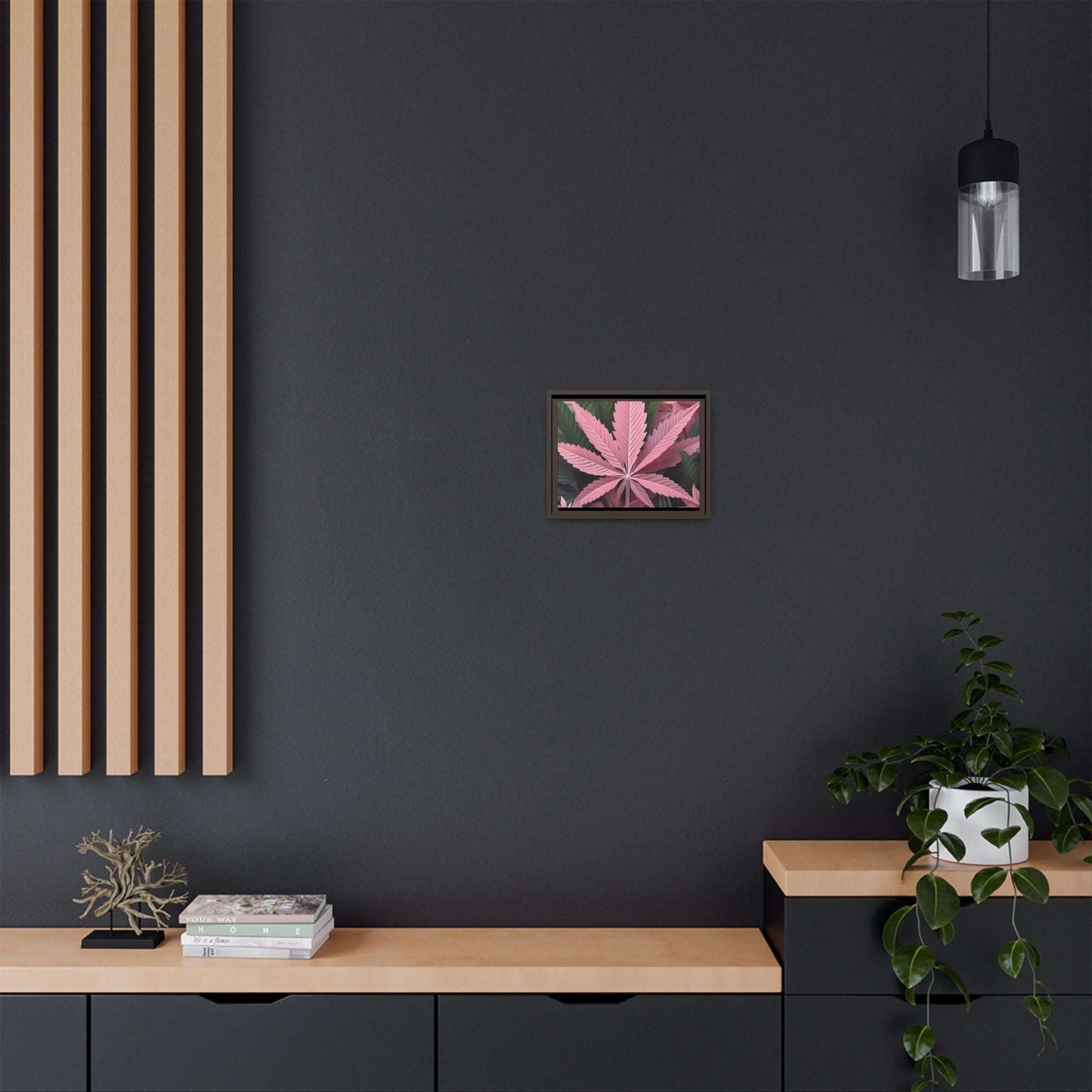 "Pink Cannabis Leaf Art | Framed Botanical Wall Decor | Modern Marijuana Print" Matte Canvas, Framed (Multi-color)