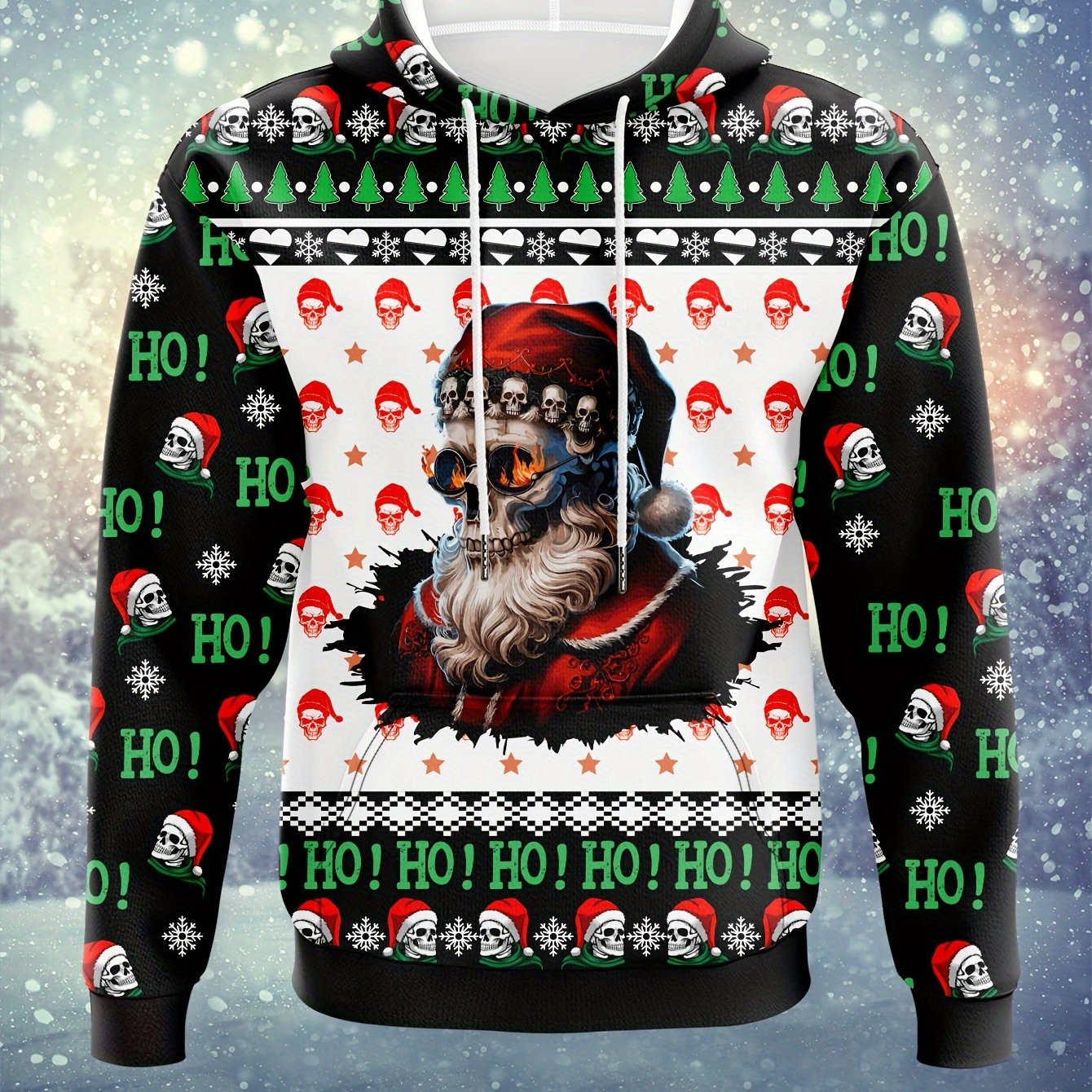 Skully Shady Santa - Ugly Christmas Sweater | Gothic Holiday Hoodie 3D Skull Print - Mens Casual & Comfy Pullover, Red & Black, Polyester Blend - Rock n Royalty Designs