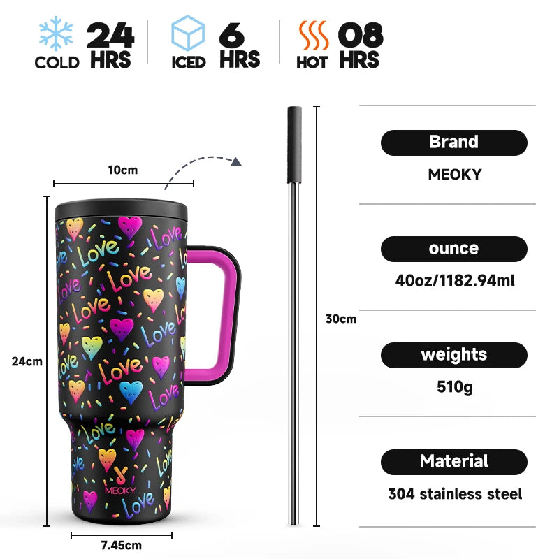 Meoky Cup 40oz Large Tumbler Straw Cup with Lid leak-proof Sainless Steel Vacuum Insulated Car Mug Water Bottle Pride Month - Rock n Royalty Designs