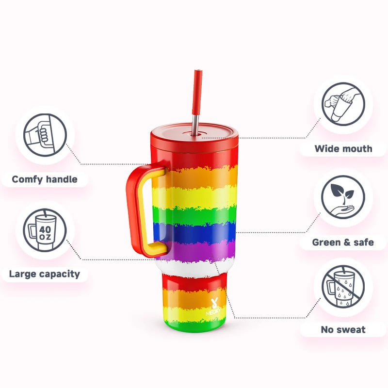 Meoky Cup 40oz Large Tumbler Straw Cup with Lid leak-proof Sainless Steel Vacuum Insulated Car Mug Water Bottle Pride Month - Rock n Royalty Designs