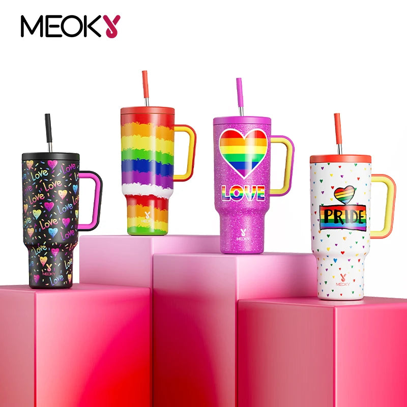 Meoky Cup 40oz Large Tumbler Straw Cup with Lid leak-proof Sainless Steel Vacuum Insulated Car Mug Water Bottle Pride Month - Rock n Royalty Designs