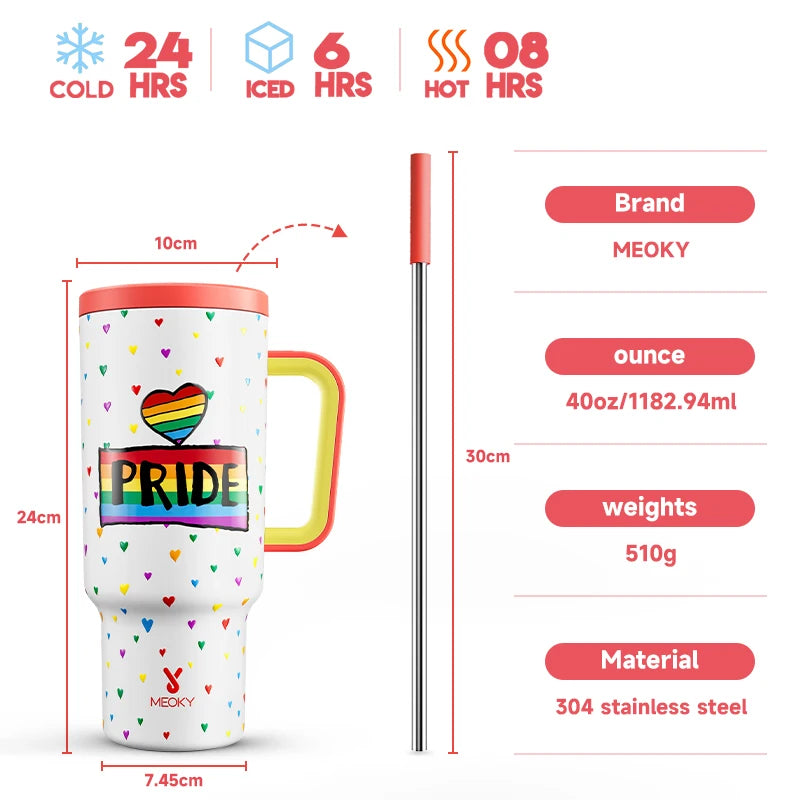 Meoky Cup 40oz Large Tumbler Straw Cup with Lid leak-proof Sainless Steel Vacuum Insulated Car Mug Water Bottle Pride Month - Rock n Royalty Designs