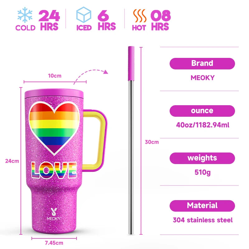 Meoky Cup 40oz Large Tumbler Straw Cup with Lid leak-proof Sainless Steel Vacuum Insulated Car Mug Water Bottle Pride Month - Rock n Royalty Designs