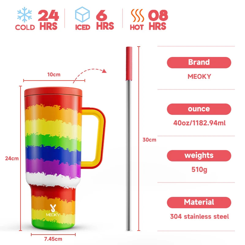 Meoky Cup 40oz Large Tumbler Straw Cup with Lid leak-proof Sainless Steel Vacuum Insulated Car Mug Water Bottle Pride Month - Rock n Royalty Designs