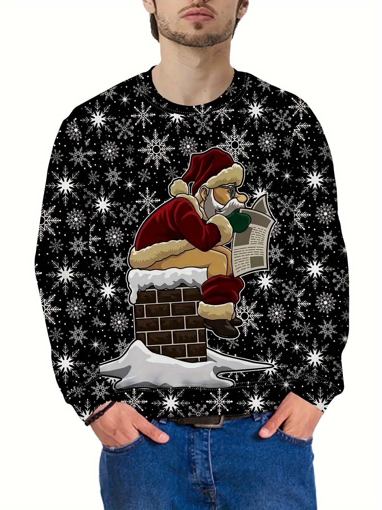 Men's Plus Size - Doing Santa Shit- DBL Sided- Christmas Santa Claus Chimney Gift Delivery Print Crew Neck Sweatshirt - Casual Sports Polyester Long Sleeve Pullover with Snowflake Pattern - Rock n Royalty Designs