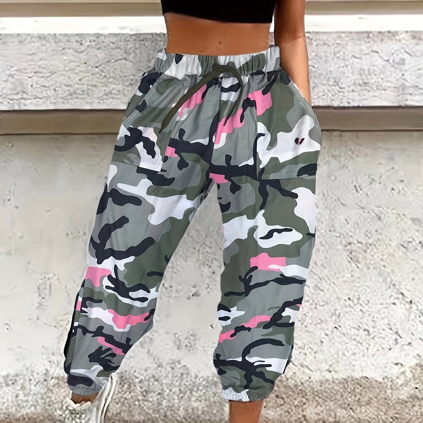 Women's Camo Print Cuffed Pants, grey, white, pink - Rock n Royalty Designs