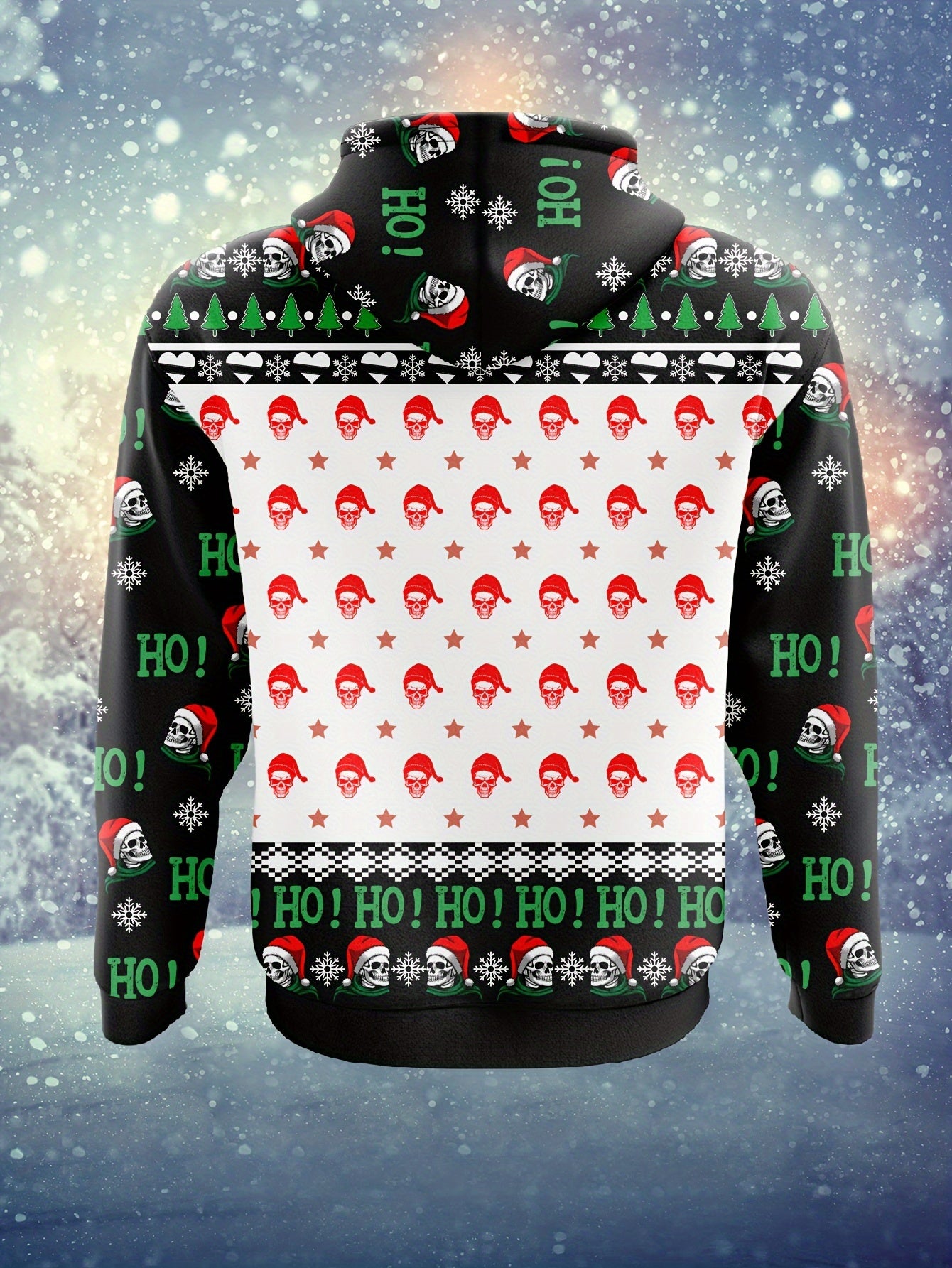 Skully Shady Santa - Ugly Christmas Sweater | Gothic Holiday Hoodie 3D Skull Print - Mens Casual & Comfy Pullover, Red & Black, Polyester Blend - Rock n Royalty Designs