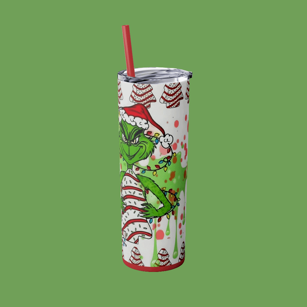 "Grinch Christmas Tumbler 20oz - Holiday Tumbler with Striped Christmas Cakes Design, Double Wall Insulated Cup with Straw (Funny Festive Collection)"