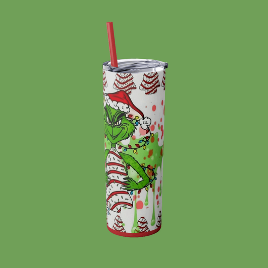 "Grinch Christmas Tumbler 20oz - Holiday Tumbler with Striped Christmas Cakes Design, Double Wall Insulated Cup with Straw (Funny Festive Collection)"