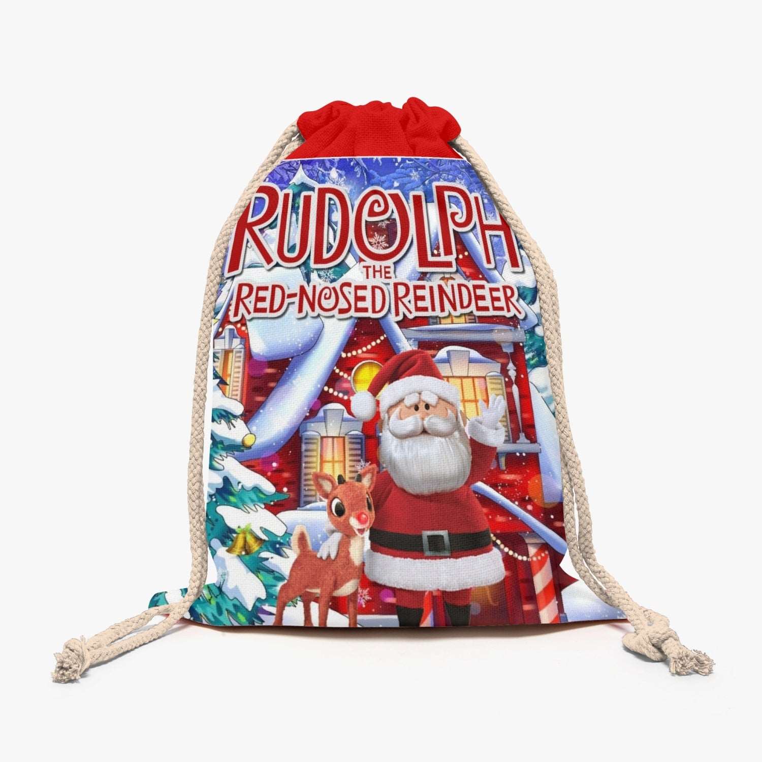 "Rudolph & Santa Christmas Linen Gift Bag | Festive Holiday Decor"