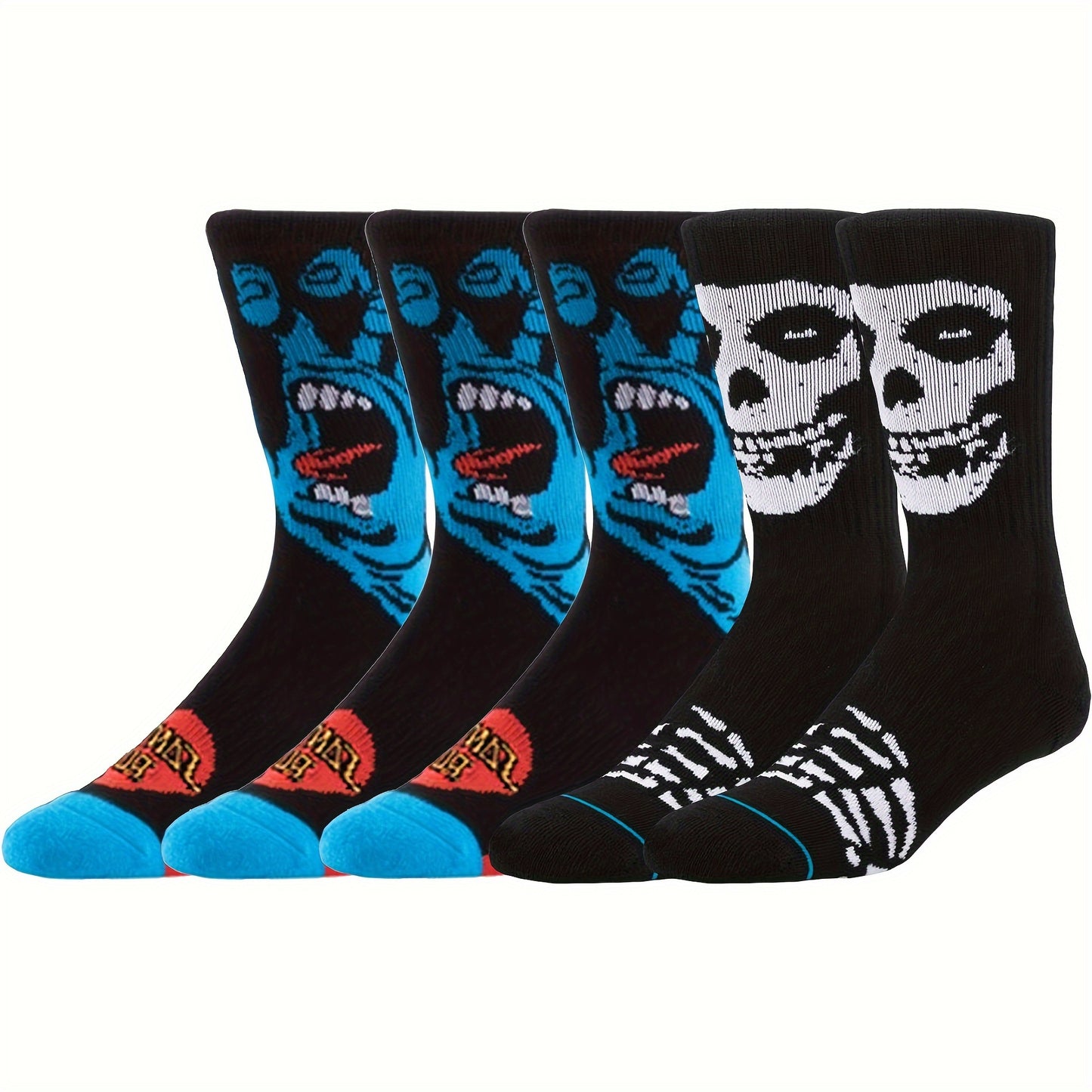 Skull Print Crew Socks - 5 Pairs Men's Novelty Sweat-Absorbing Socks - Rock n Royalty Designs