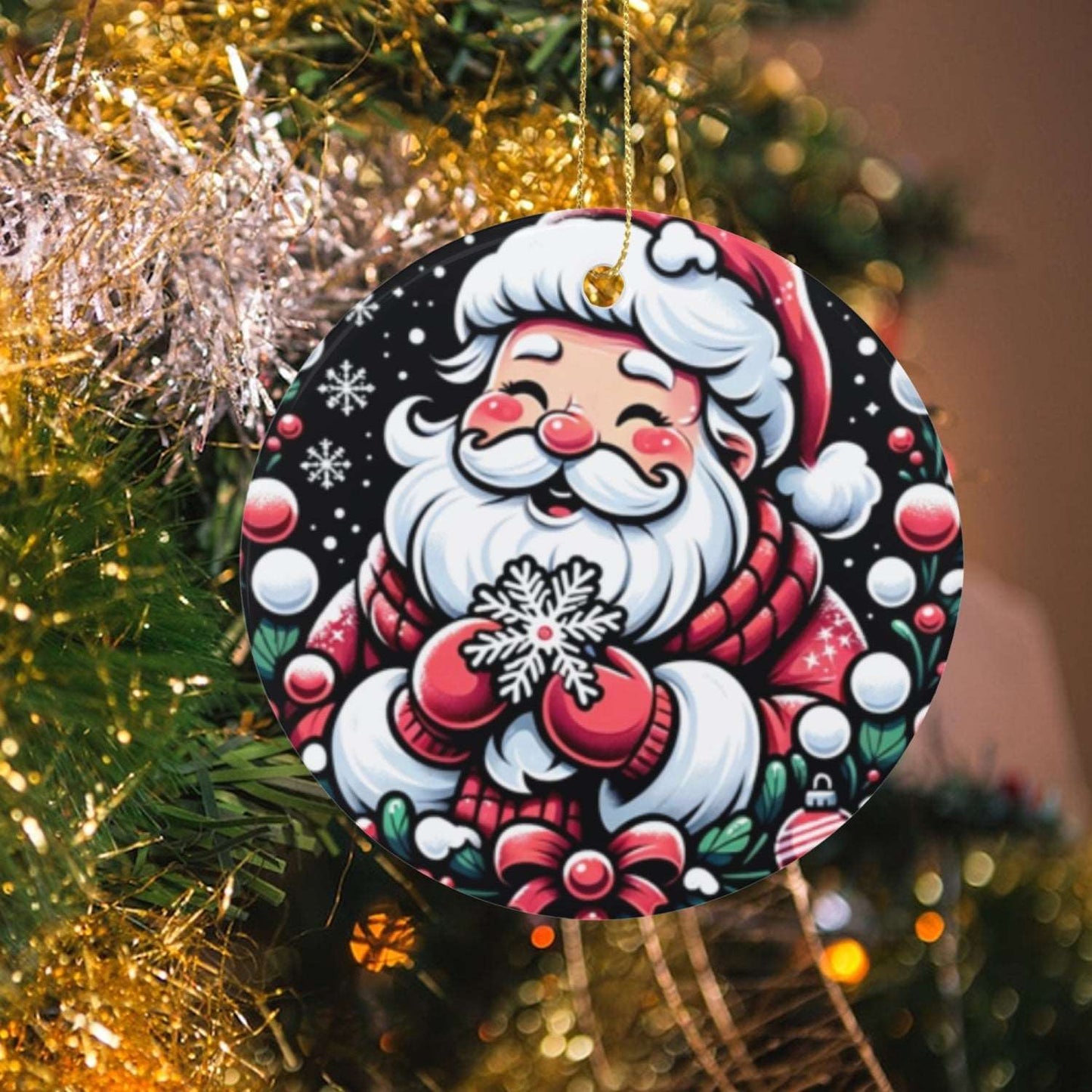 "Santa Ceramic Circle Ornament - 2.9" Double-Sided Christmas Tree Decoration